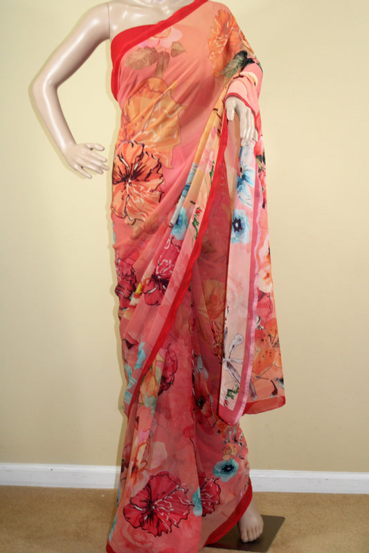 Georgette Floral Print Saree - Pink