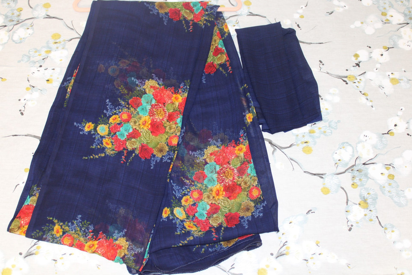 Georgette Navy Blue Rose Print Saree