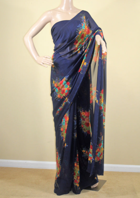 Georgette Navy Blue Rose Print Saree