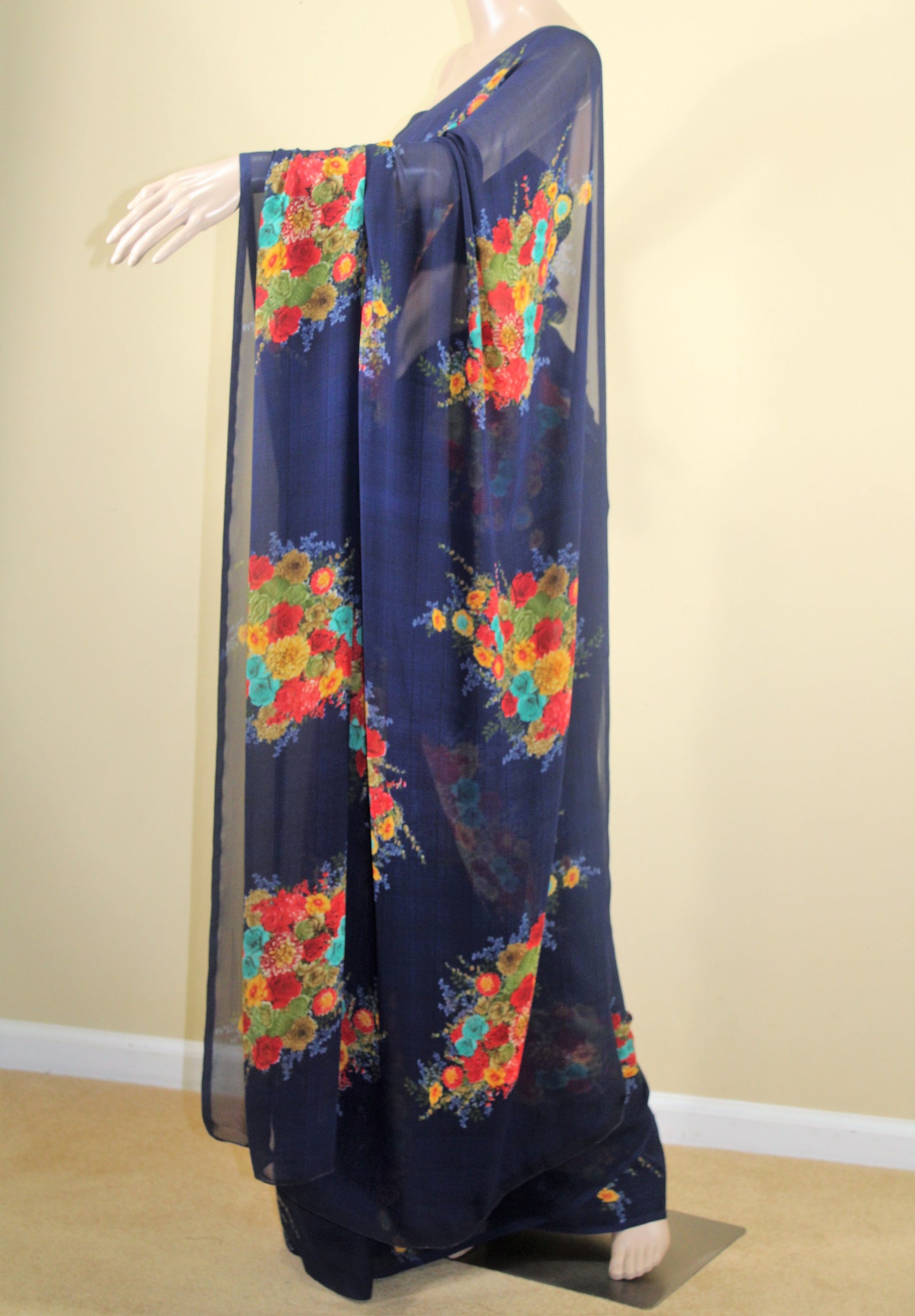 Georgette Navy Blue Rose Print Saree