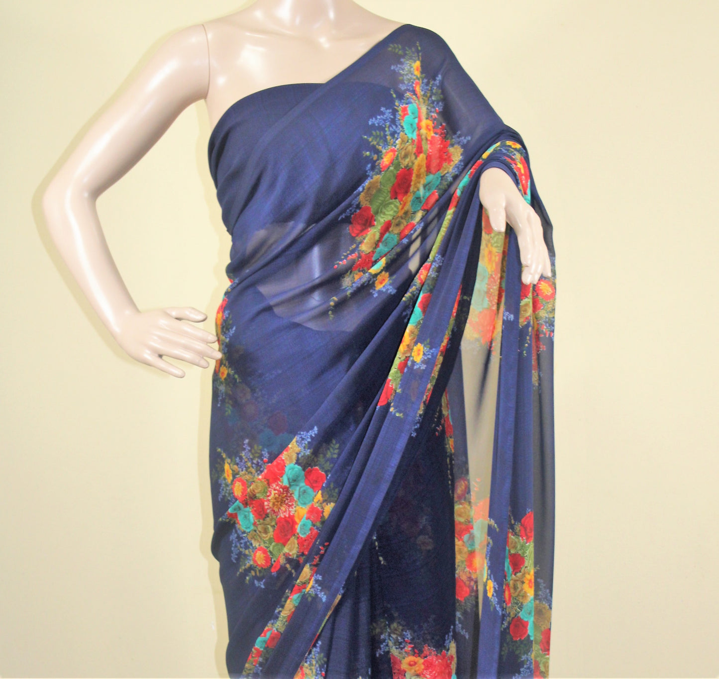 Georgette Navy Blue Rose Print Saree