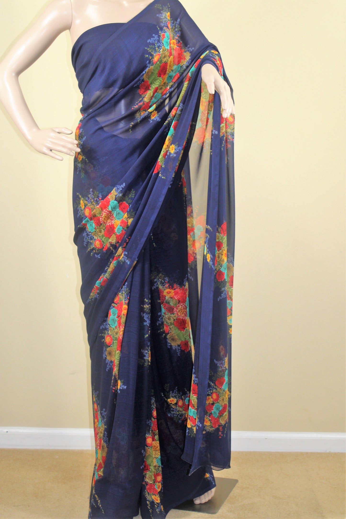 Georgette Navy Blue Rose Print Saree