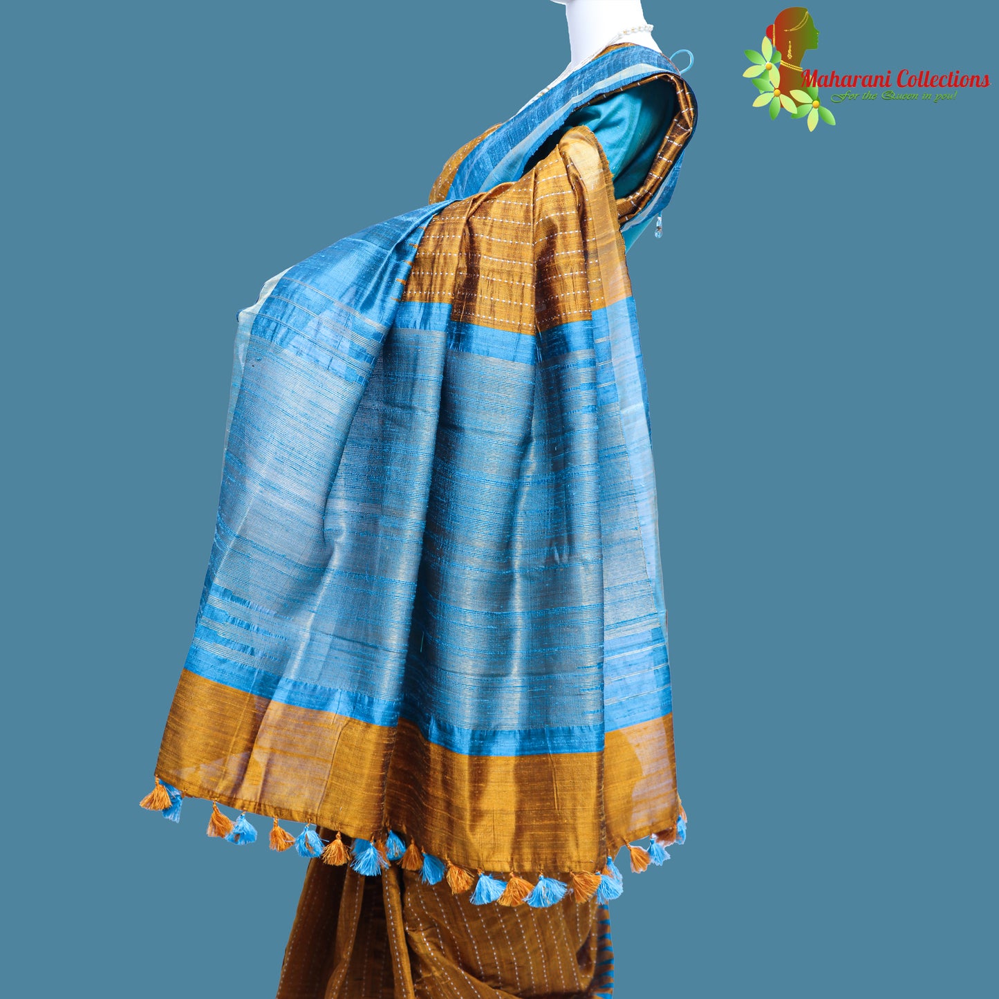 Pure Handloom Tussar Silk Saree - Blue and Gold with Golden Zari Work