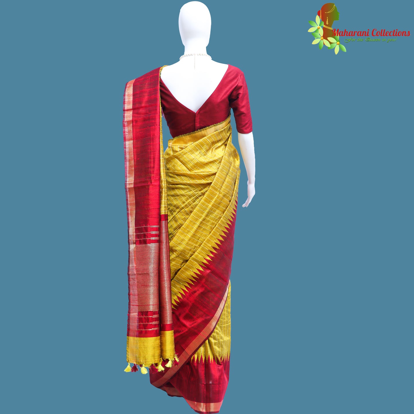 Pure Handloom Tussar Silk Saree - Yellow with Maroon Temple Border
