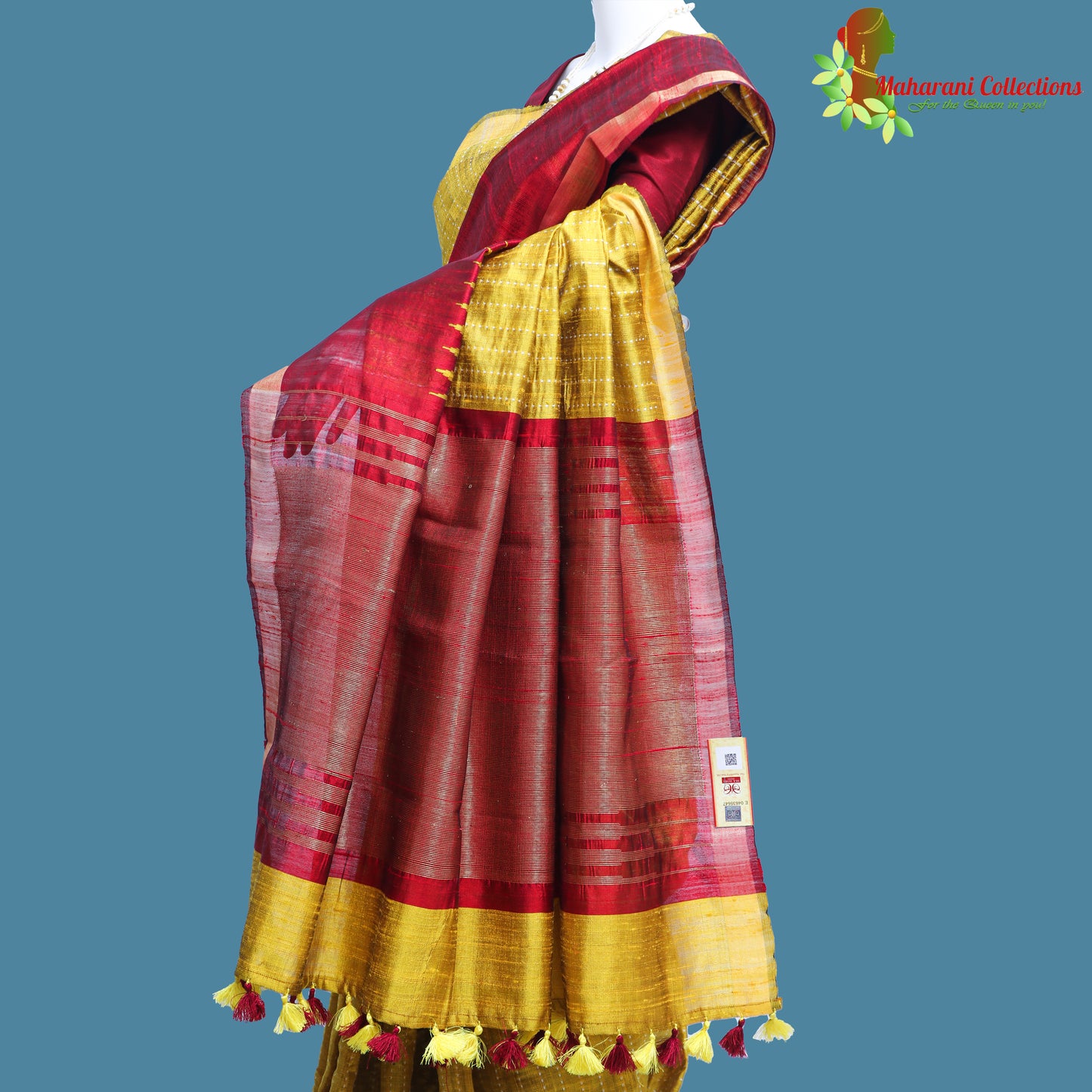 Pure Handloom Tussar Silk Saree - Yellow with Maroon Temple Border