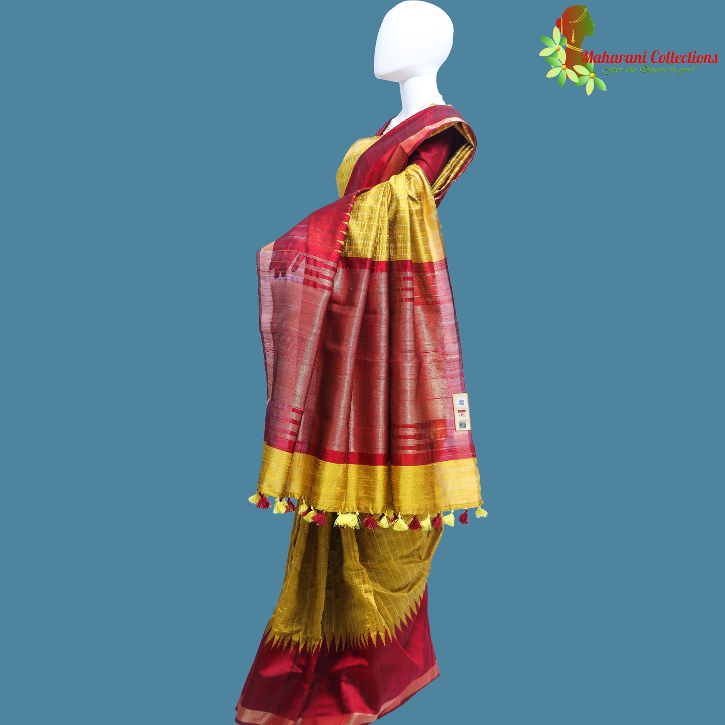 Pure Handloom Tussar Silk Saree - Yellow with Maroon Temple Border