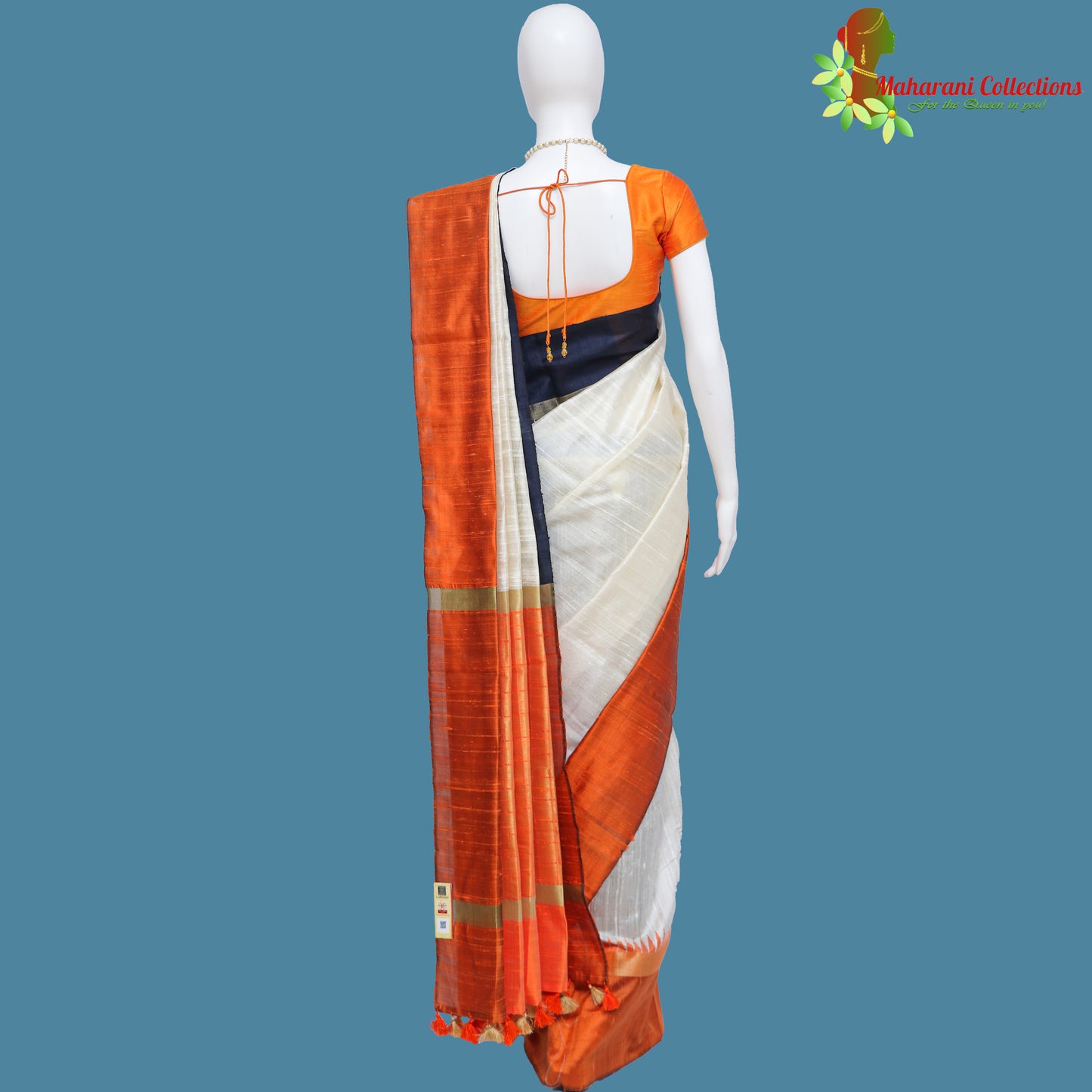 Pure Handloom Tussar Silk Saree - White with Orange Temple Border