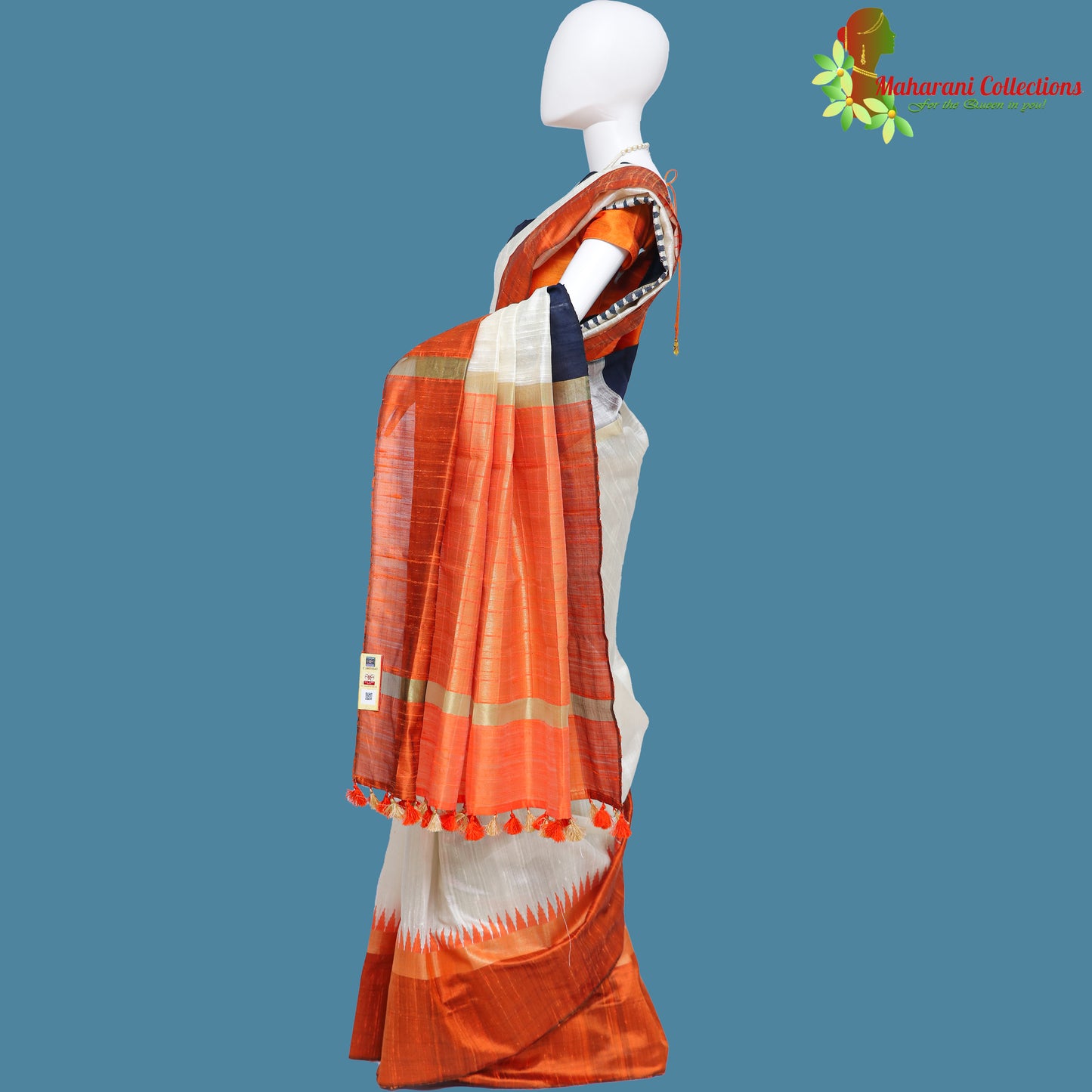 Pure Handloom Tussar Silk Saree - White with Orange Temple Border