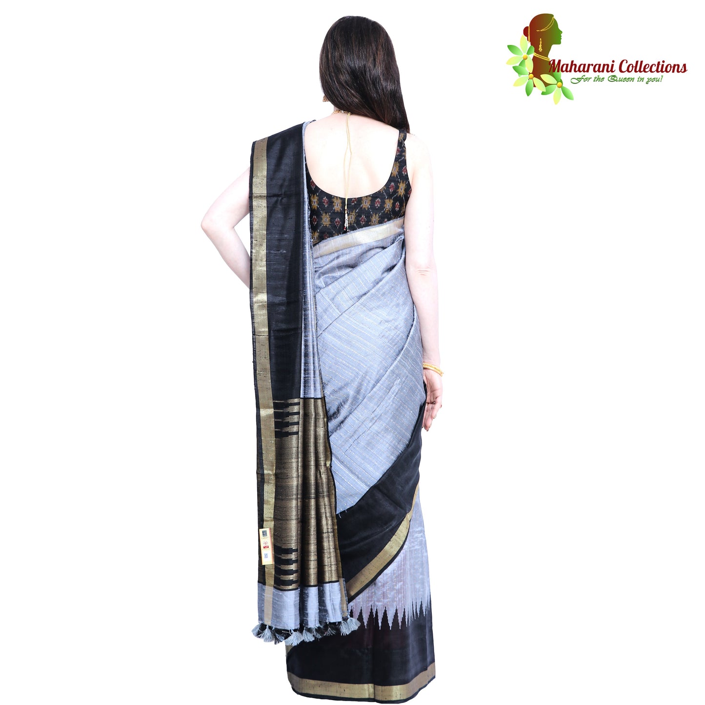 Pure Handloom Tussar Silk Saree - Slate Blue and Black with Golden Zari