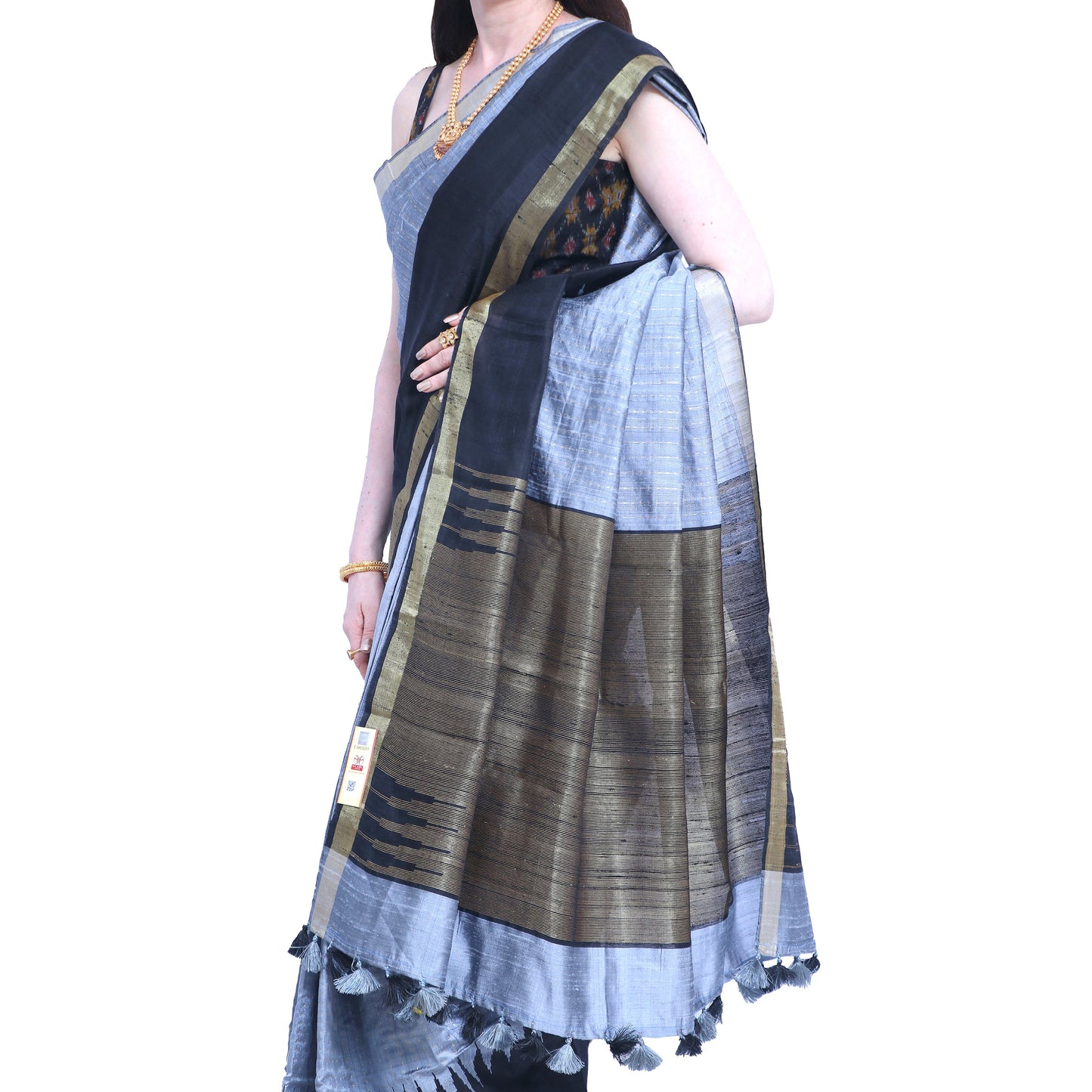Pure Handloom Tussar Silk Saree - Slate Blue and Black with Golden Zari