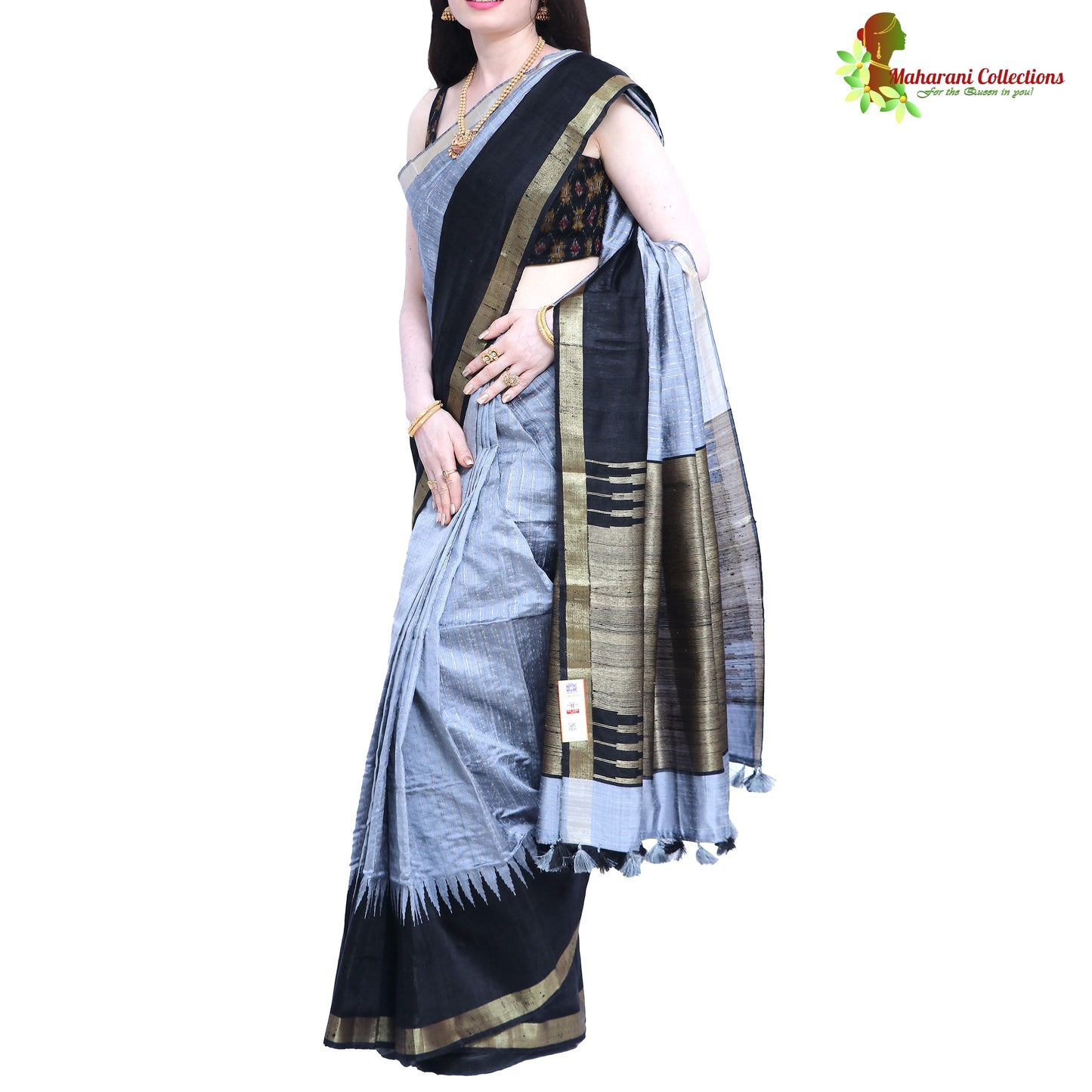 Pure Handloom Tussar Silk Saree - Slate Blue and Black with Golden Zari