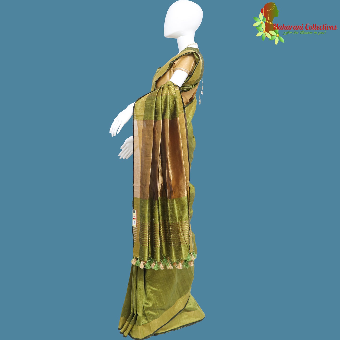 Pure Handloom Tussar Silk Saree - Olive Green with Golden Zari