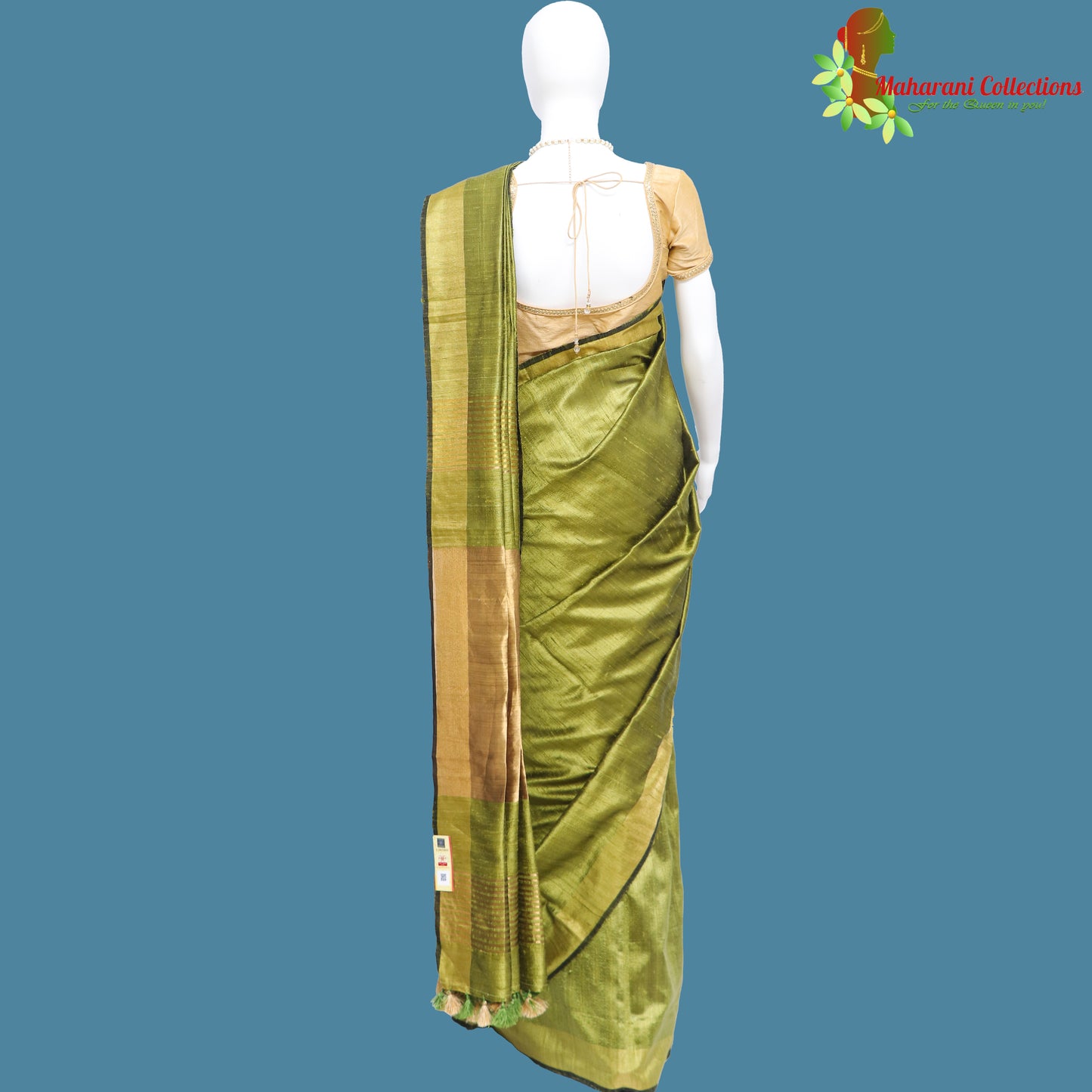 Pure Handloom Tussar Silk Saree - Olive Green with Golden Zari