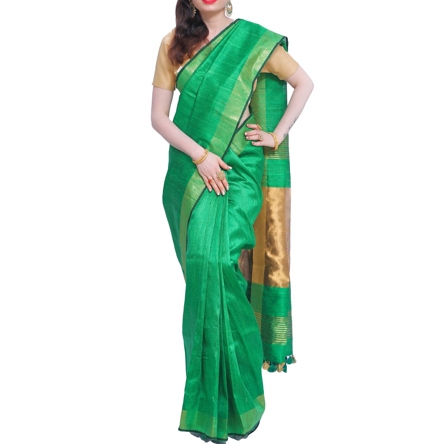 Pure Handloom Tussar Silk Saree - Green with Golden Zari