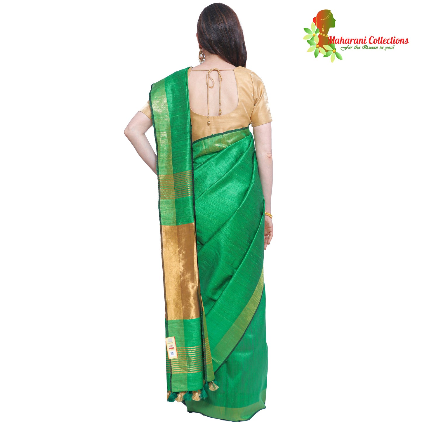 Pure Handloom Tussar Silk Saree - Green with Golden Zari