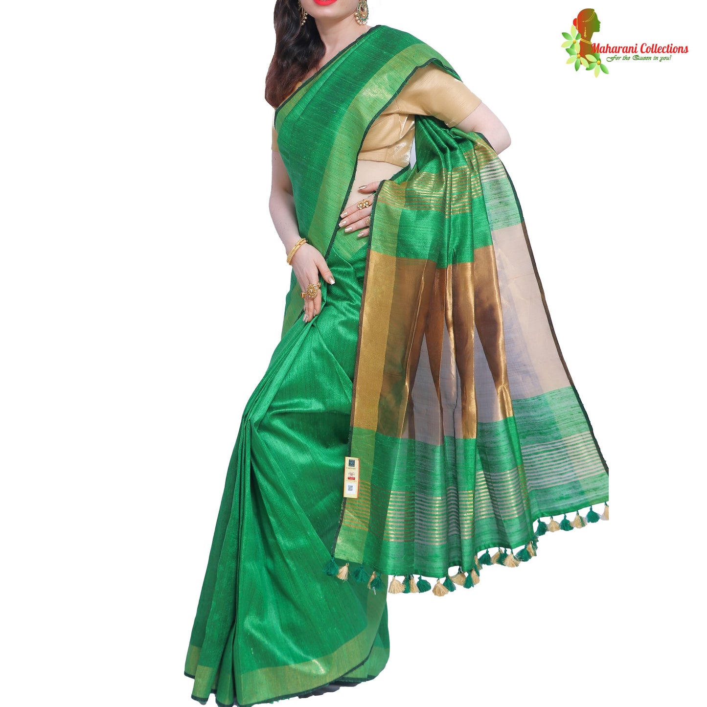 Pure Handloom Tussar Silk Saree - Green with Golden Zari