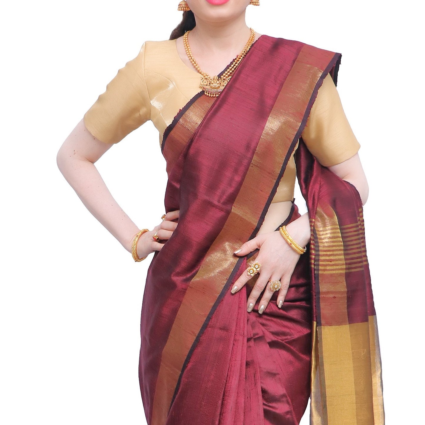 Pure Handloom Tussar Silk Saree - Maroon with Golden Zari