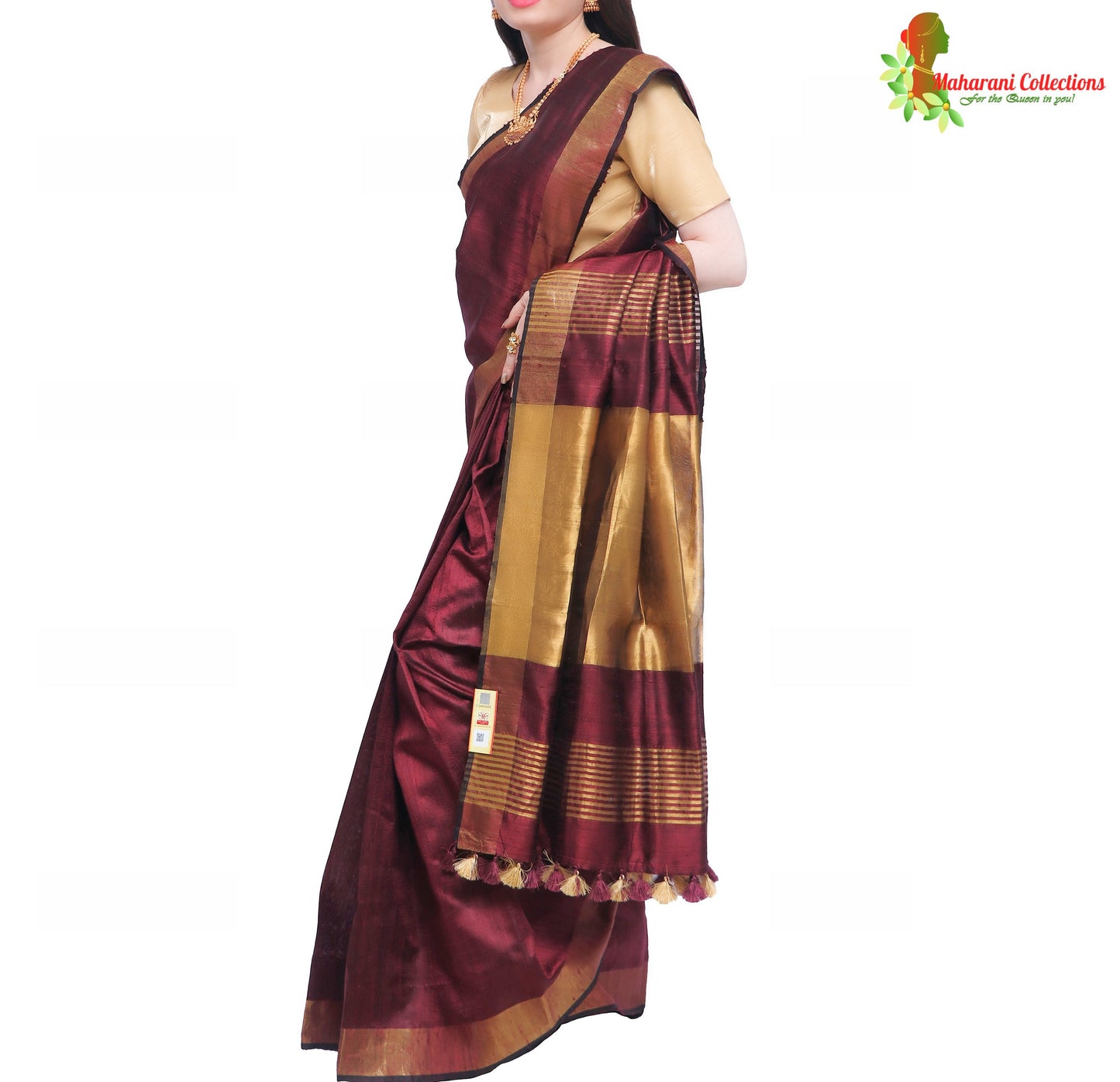 Pure Handloom Tussar Silk Saree - Maroon with Golden Zari