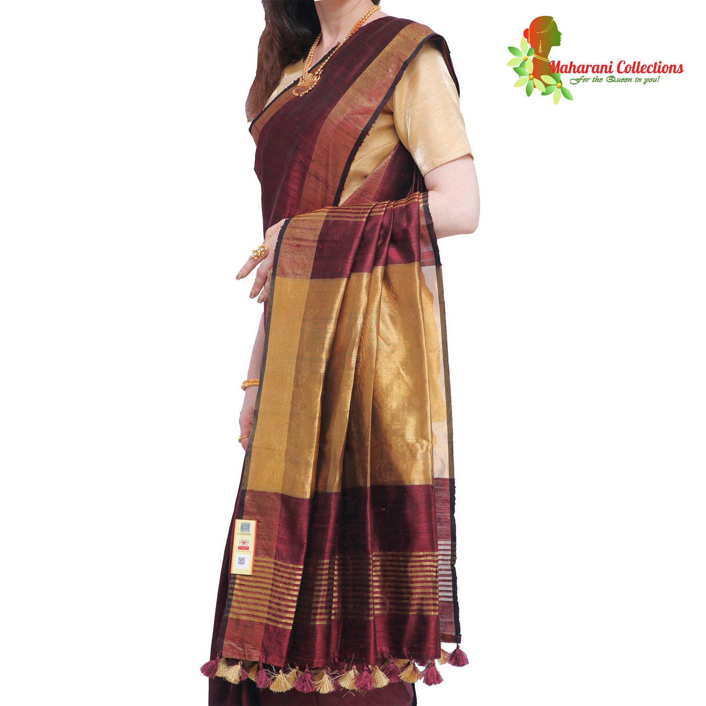 Pure Handloom Tussar Silk Saree - Maroon with Golden Zari