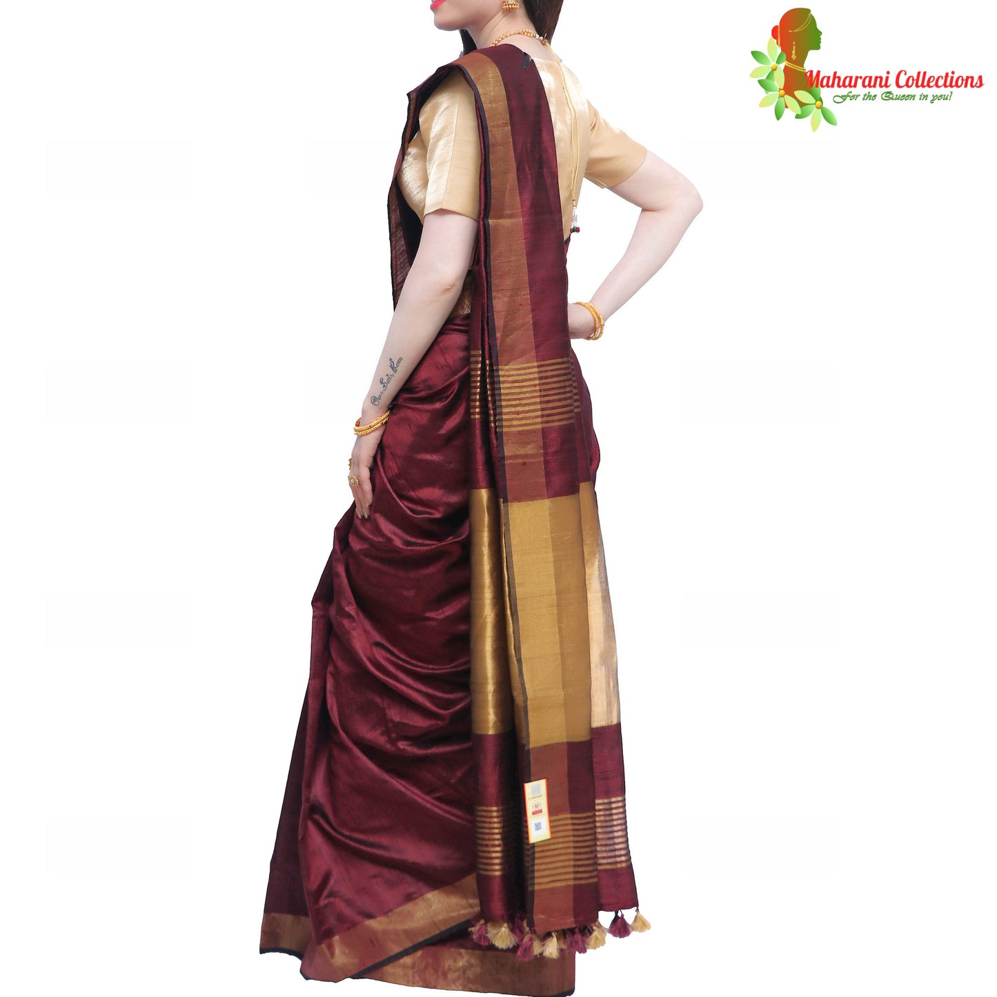Pure Handloom Tussar Silk Saree - Maroon with Golden Zari
