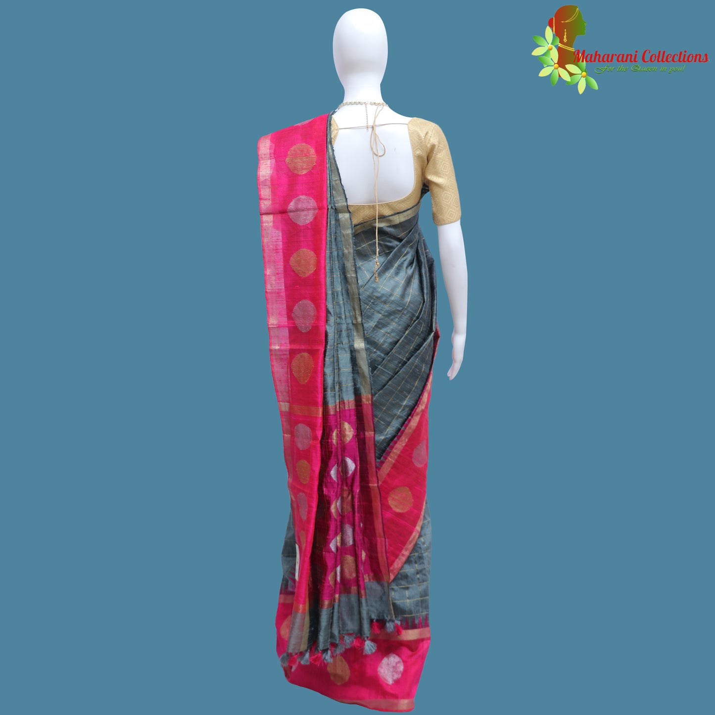 Pure Handloom Tussar Silk Saree - Slate Grey with Golden Zari