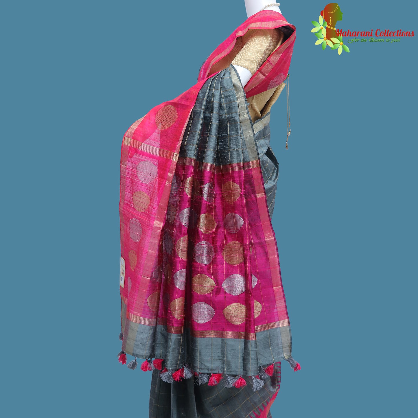 Pure Handloom Tussar Silk Saree - Slate Grey with Golden Zari
