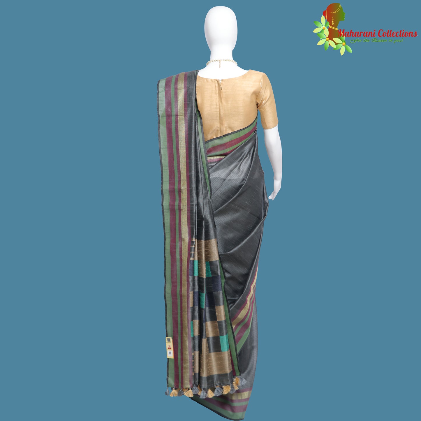 Pure Handloom Tussar Silk Saree - Slate Grey with Golden Zari