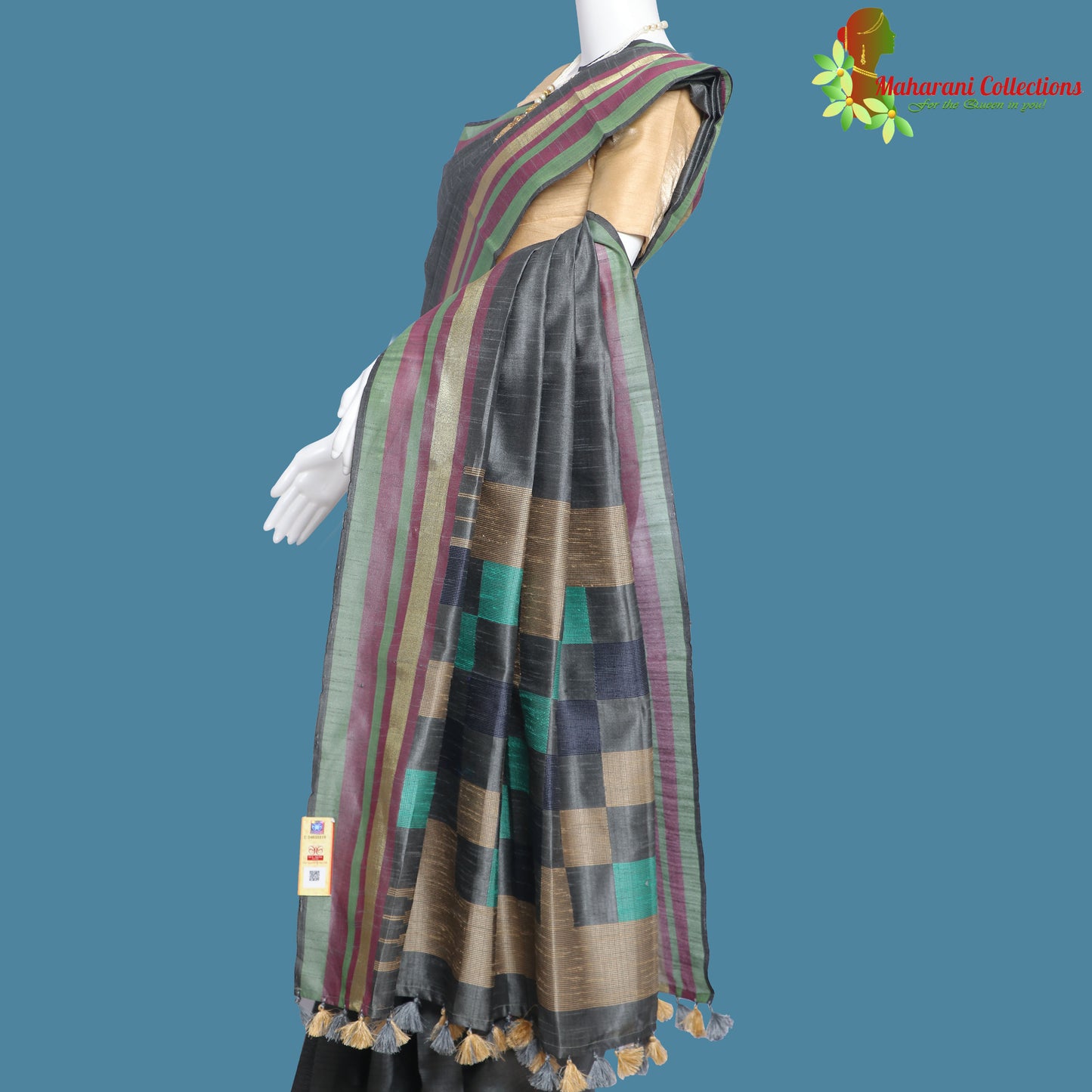 Pure Handloom Tussar Silk Saree - Slate Grey with Golden Zari