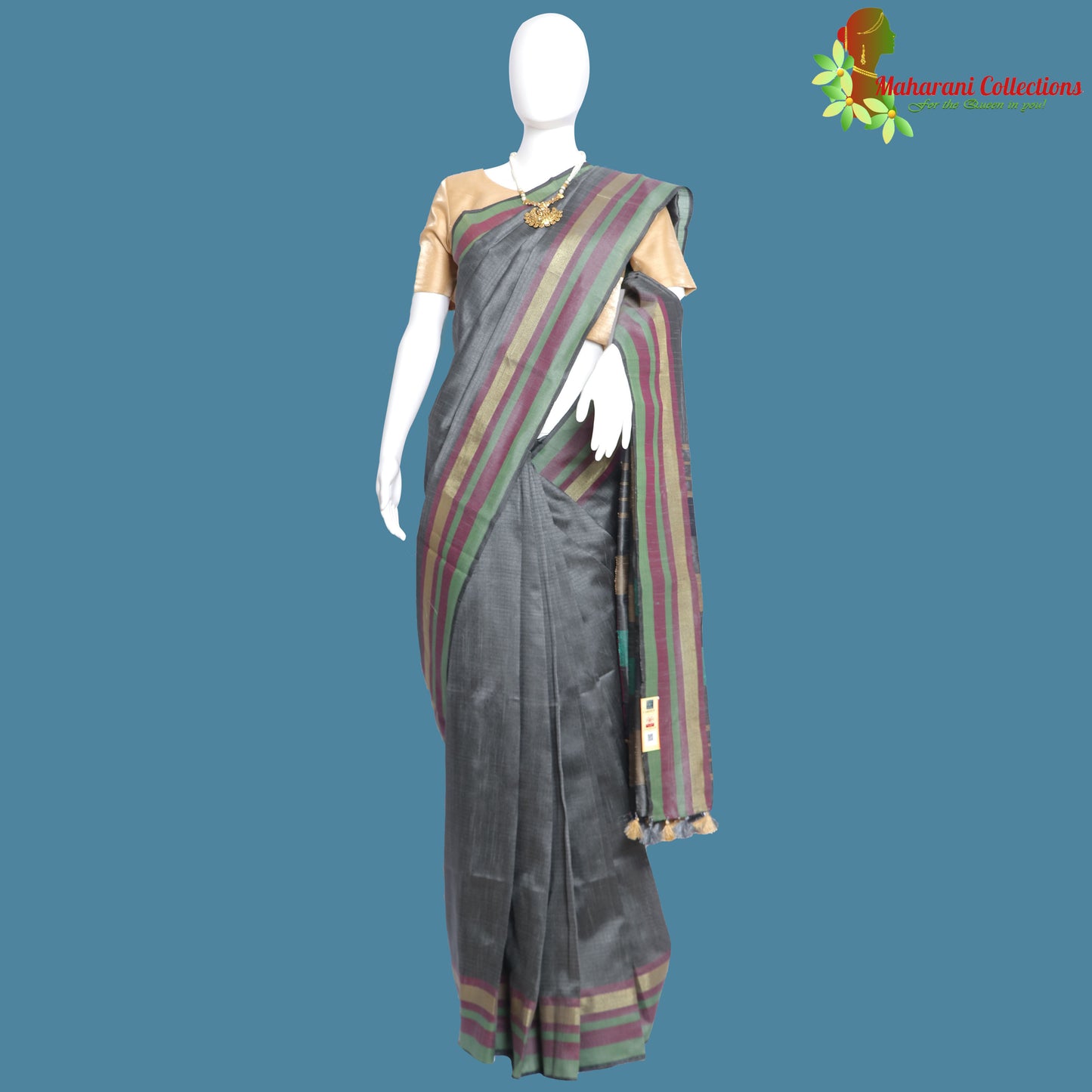 Pure Handloom Tussar Silk Saree - Slate Grey with Golden Zari