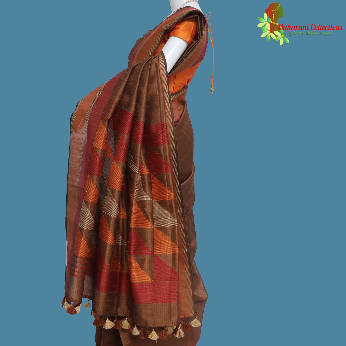 Pure Handloom Tussar Silk Saree - Brown with Golden Zari