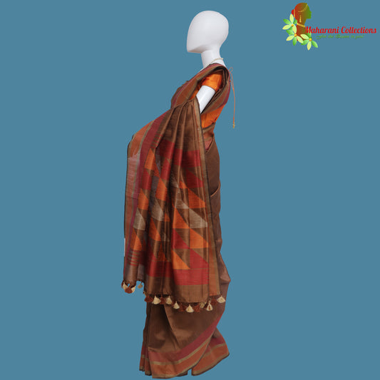 Pure Handloom Tussar Silk Saree - Brown with Golden Zari