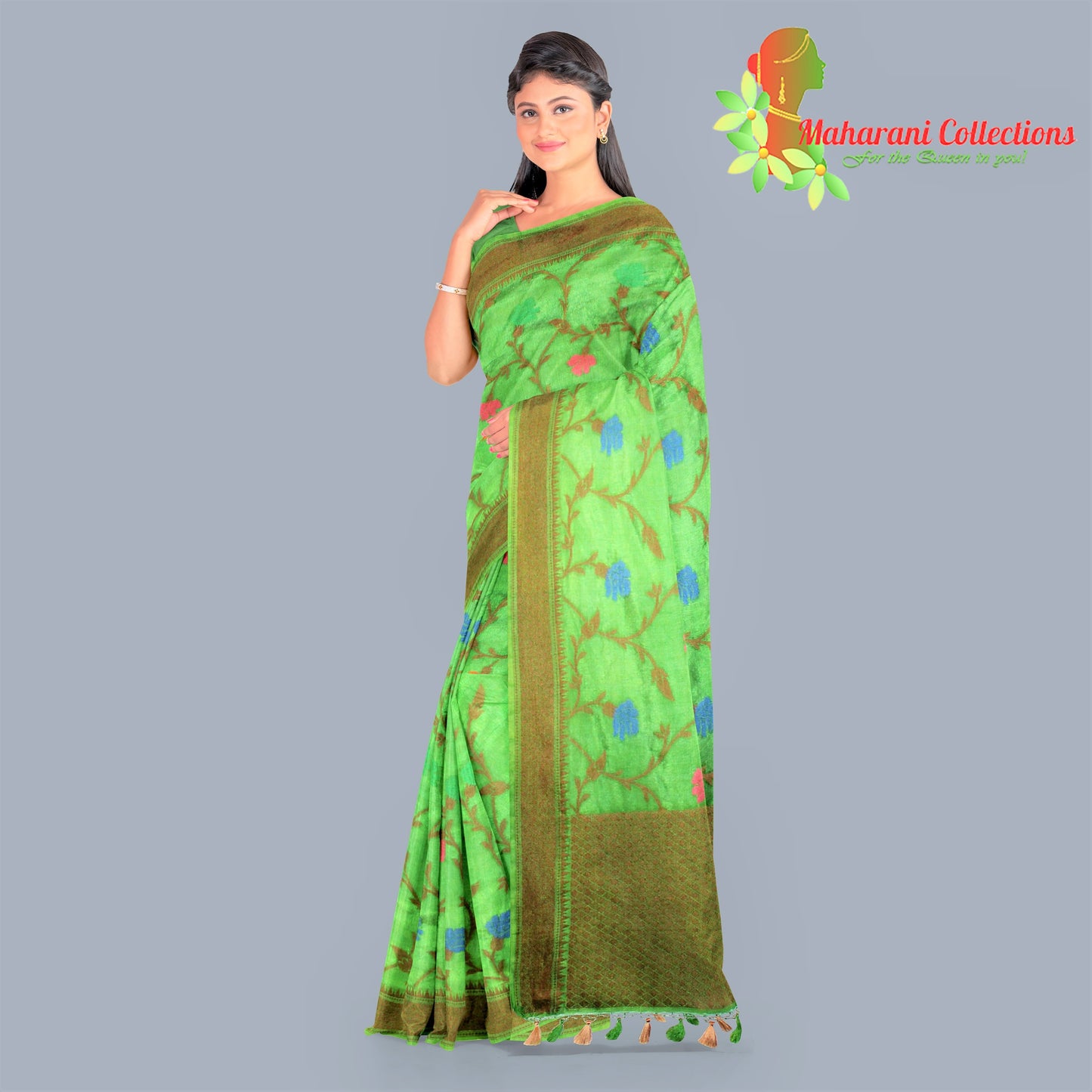 Pure Handloom Tussar Silk Saree - Green (with Stitched Blouse and Petticoat)