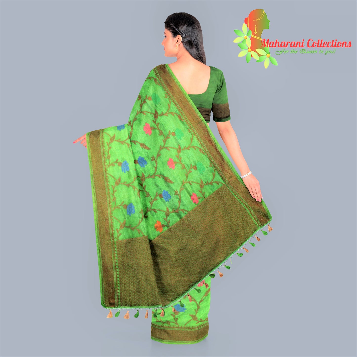 Pure Handloom Tussar Silk Saree - Green (with Stitched Blouse and Petticoat)