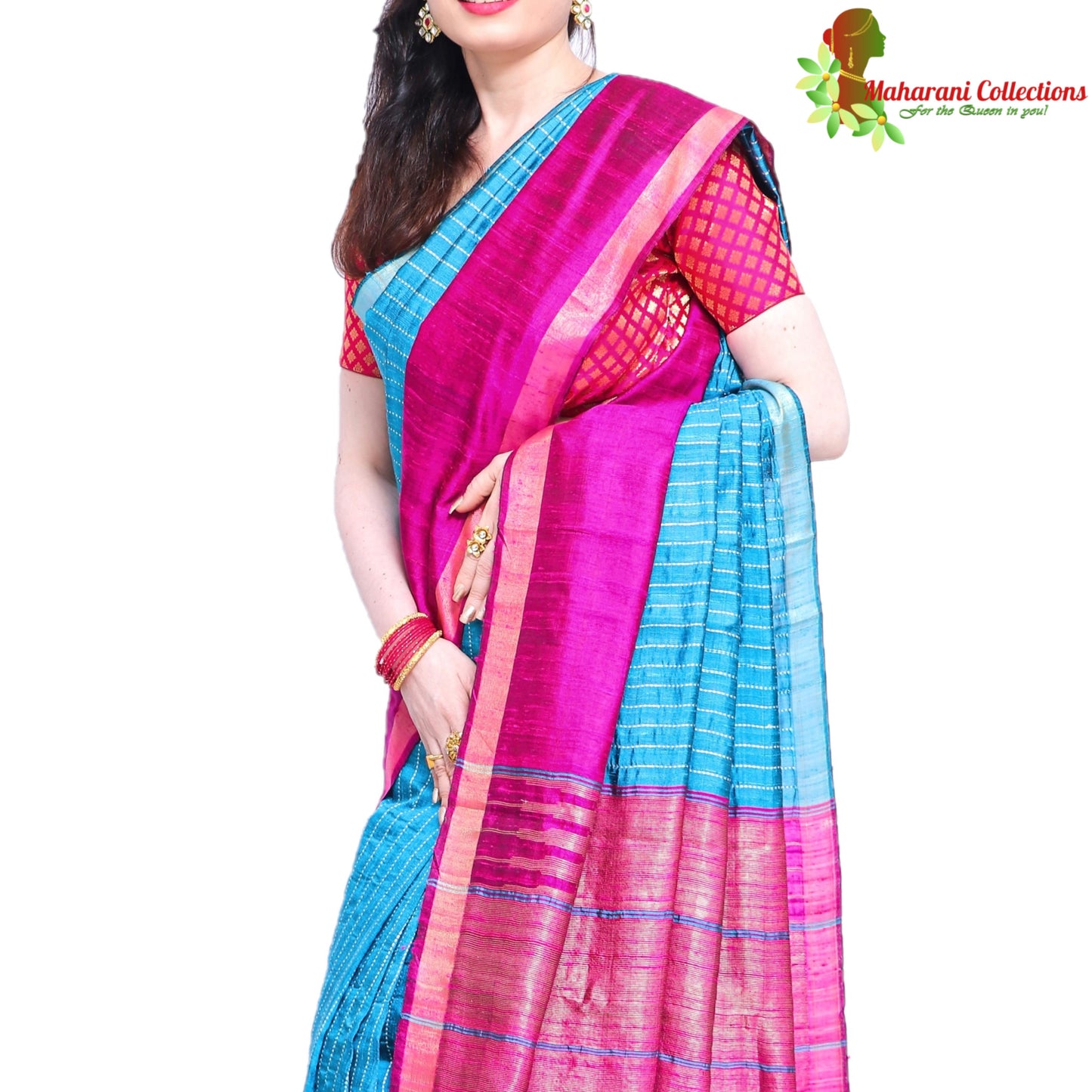 Pure Handloom Tussar Silk Saree (Silk Mark) - Striped Blue and Pink with Golden Zari Work and Temple Border