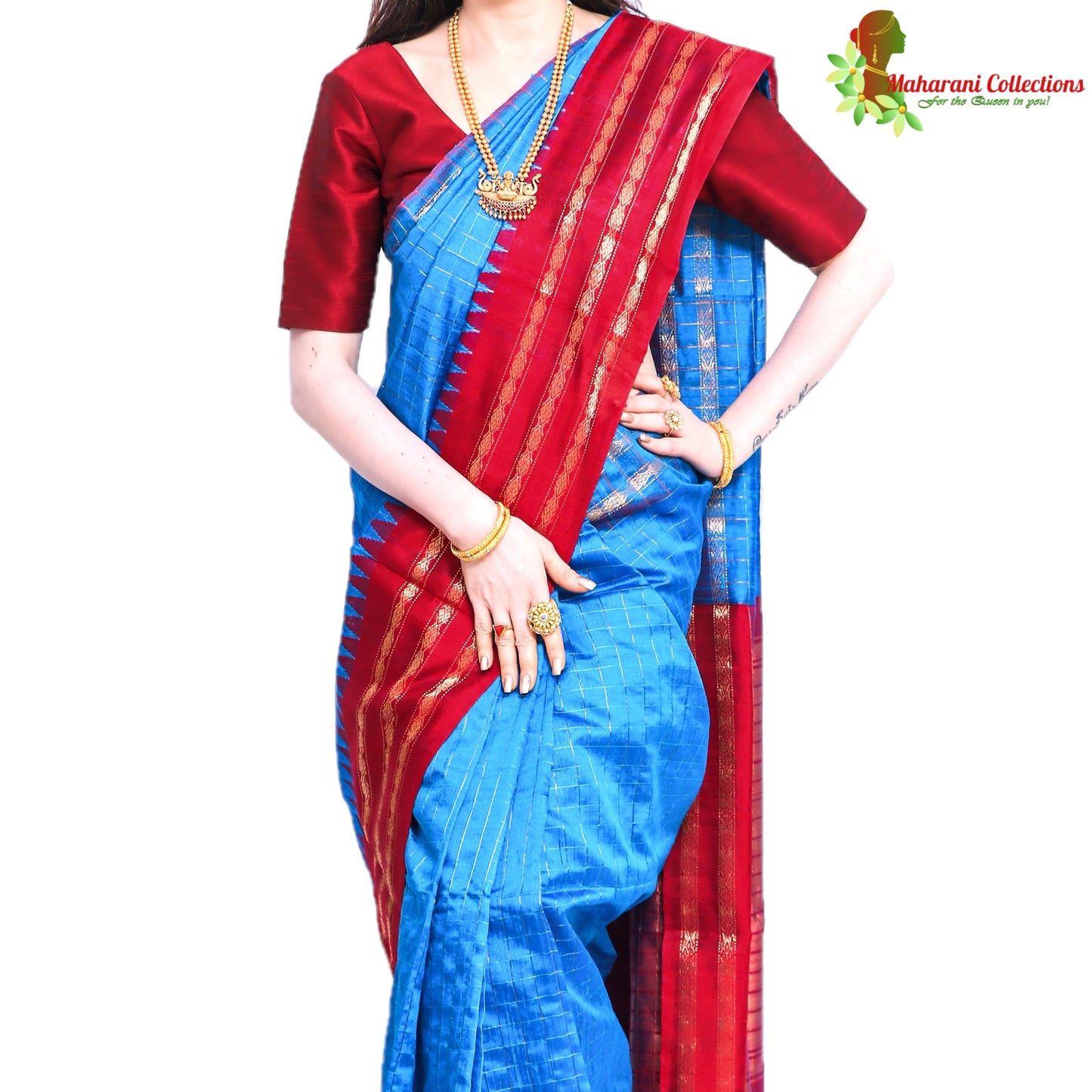 Pure Handloom Tussar Silk Saree - Striped Red and Blue with Golden Zari Work and Temple Border