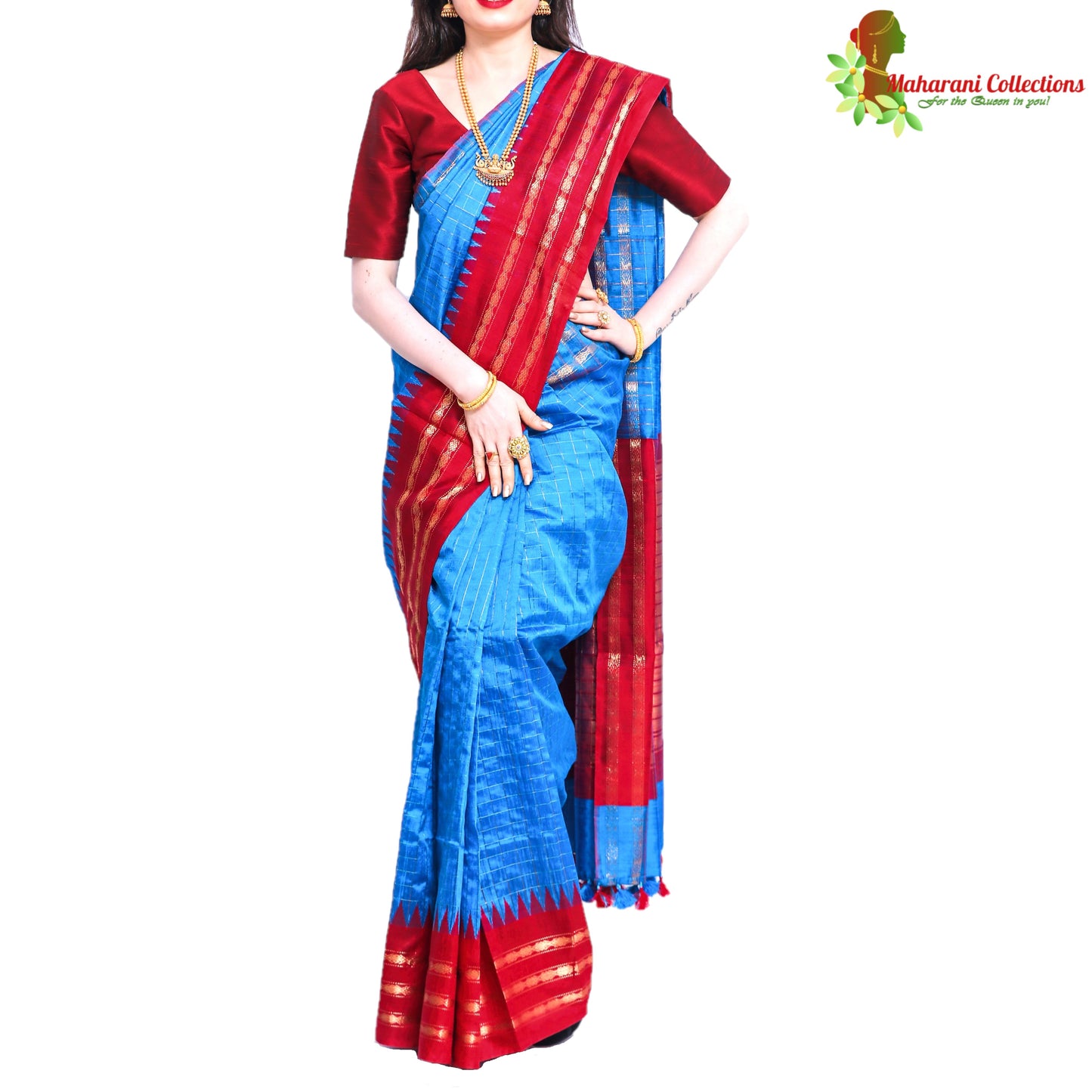 Pure Handloom Tussar Silk Saree - Striped Red and Blue with Golden Zari Work and Temple Border