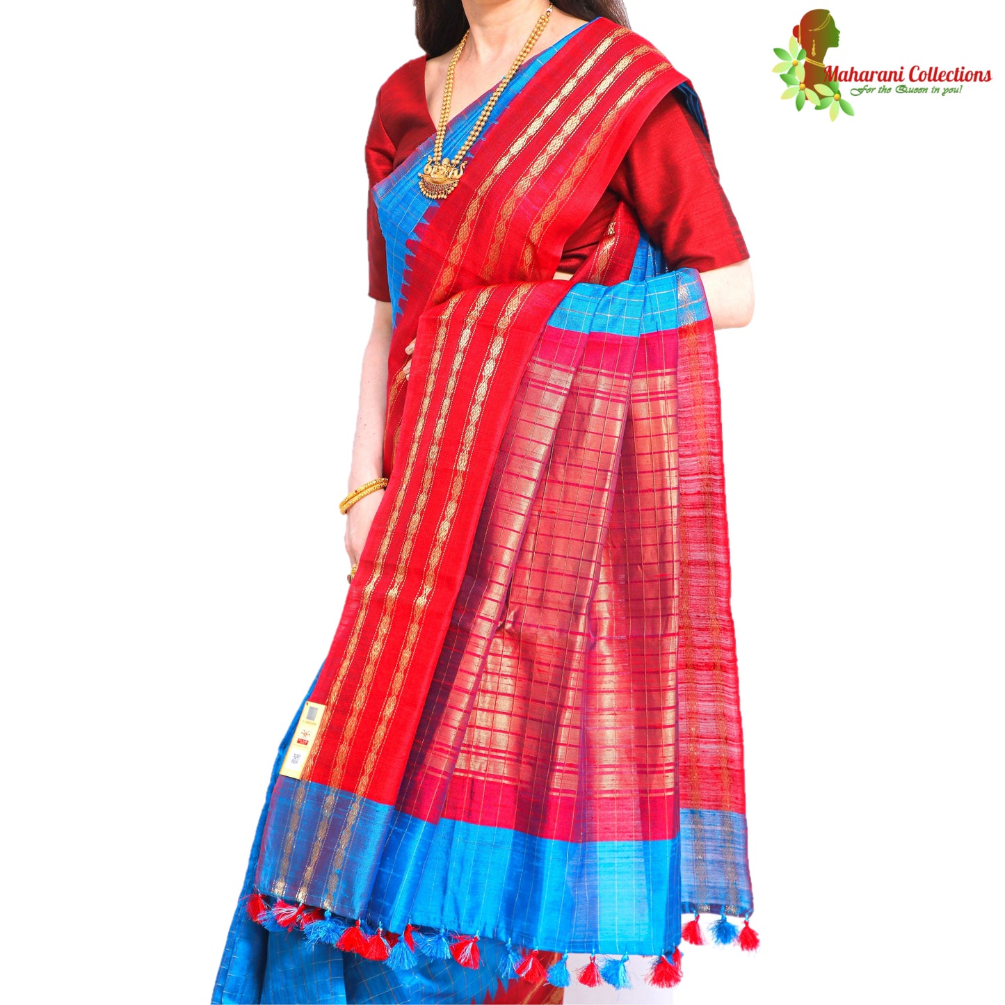 Pure Handloom Tussar Silk Saree - Striped Red and Blue with Golden Zari Work and Temple Border
