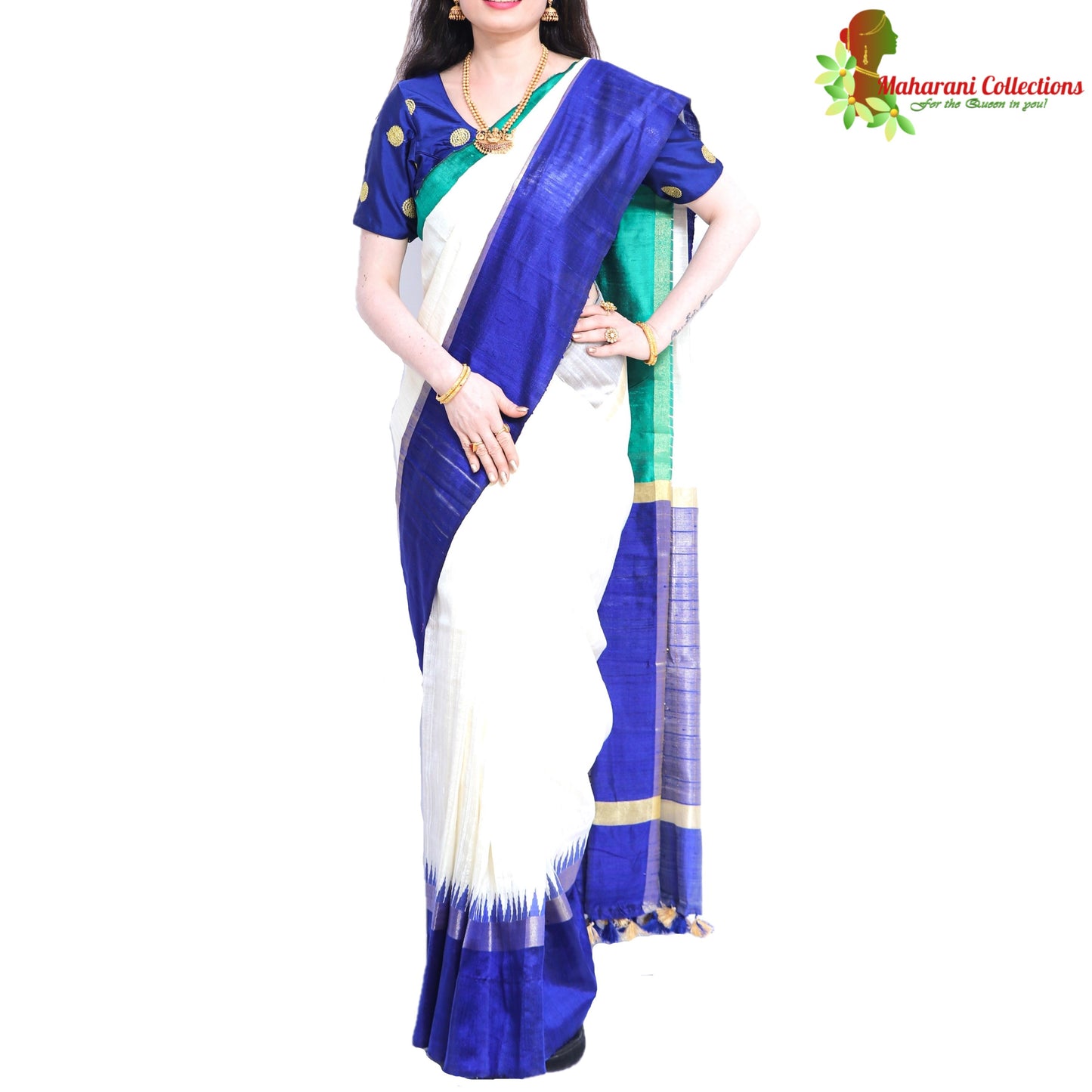 Pure Handloom Tussar Silk Saree - White, Green and Blue with Golden Zari and Temple Border