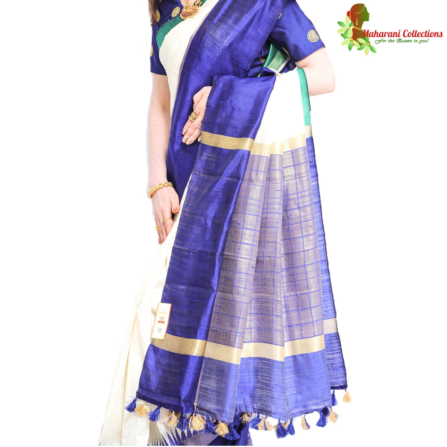 Pure Handloom Tussar Silk Saree - White, Green and Blue with Golden Zari and Temple Border