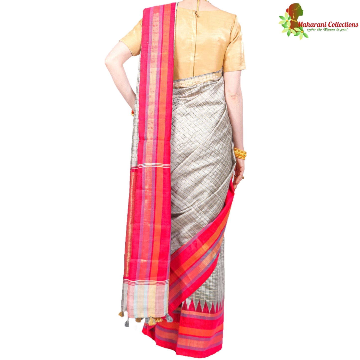 Pure Handloom Tussar Silk Saree - Striped Silver Grey with Pink Temple Border