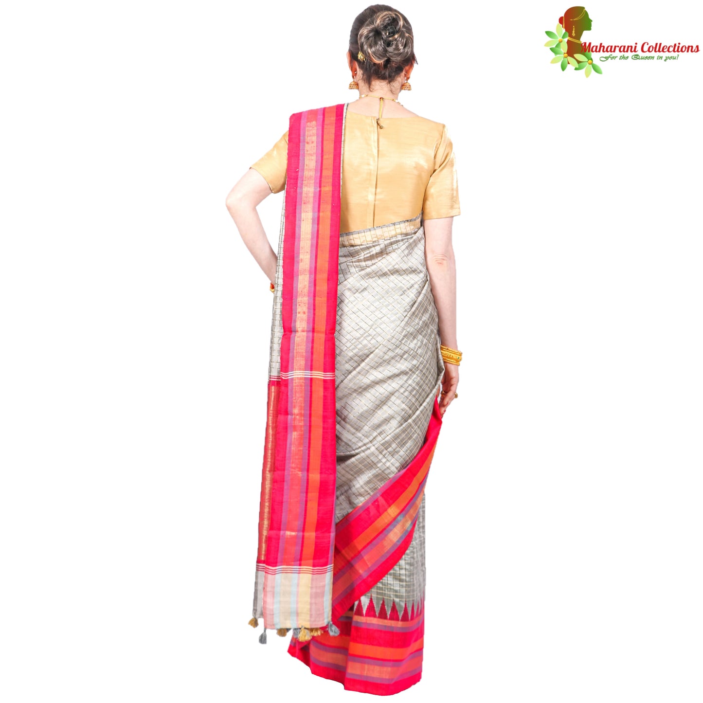 Pure Handloom Tussar Silk Saree - Striped Silver Grey with Pink Temple Border