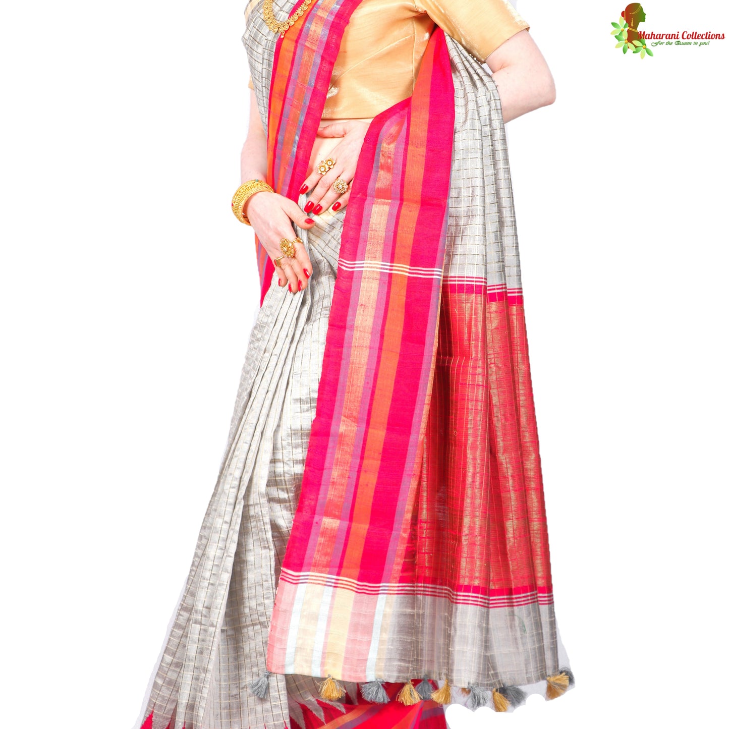 Pure Handloom Tussar Silk Saree - Striped Silver Grey with Pink Temple Border