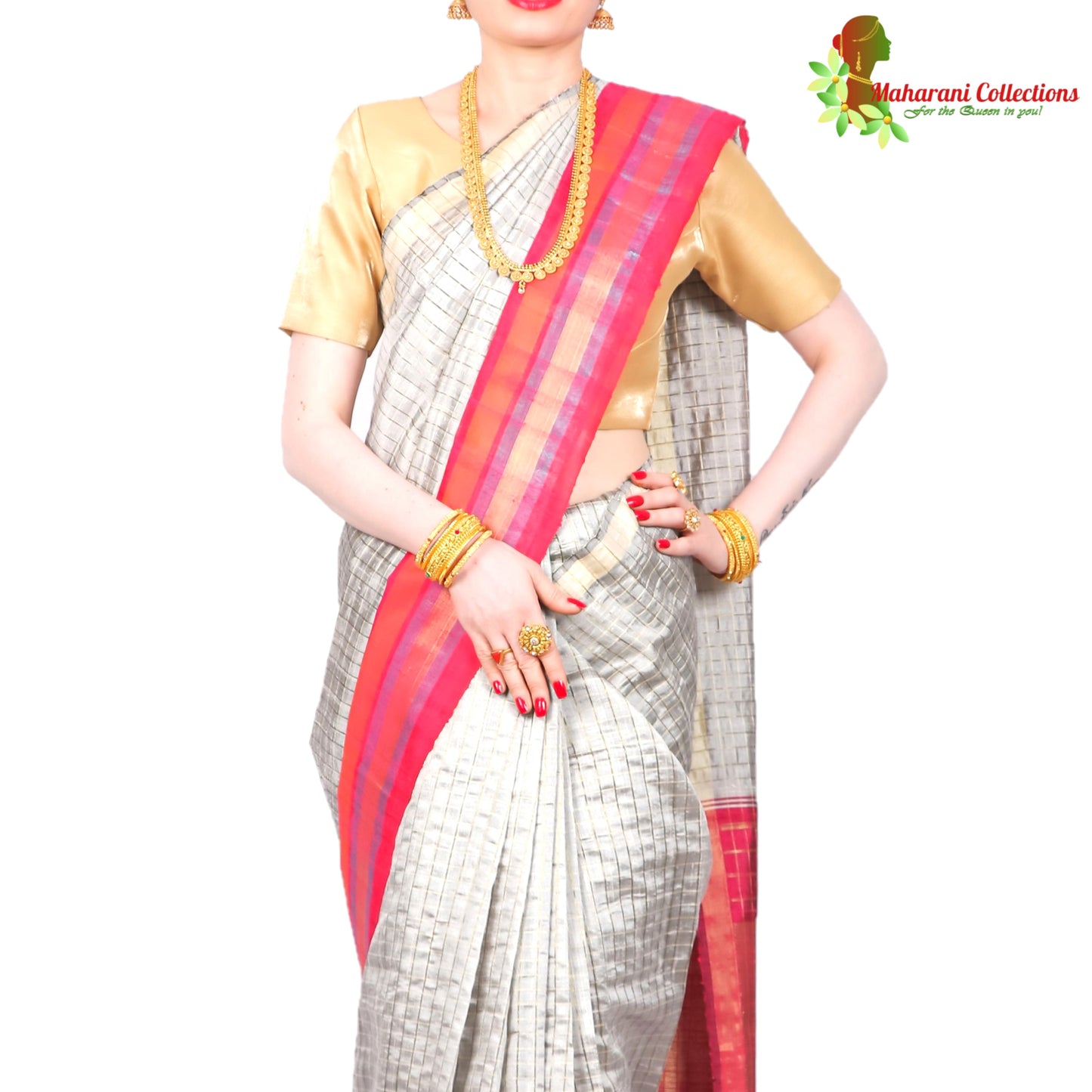 Pure Handloom Tussar Silk Saree - Striped Silver Grey with Pink Temple Border