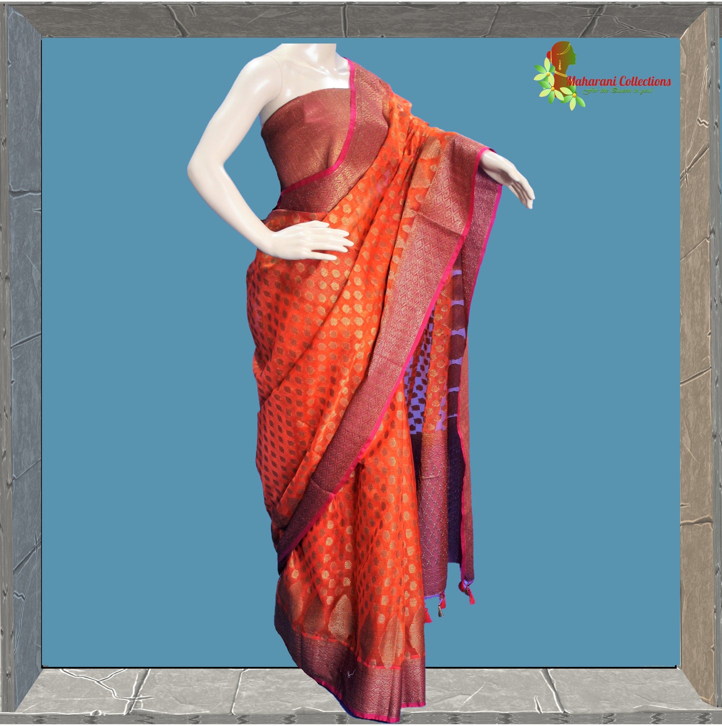 Pure Tussar Silk Saree - Orange with Zari and Buta Work