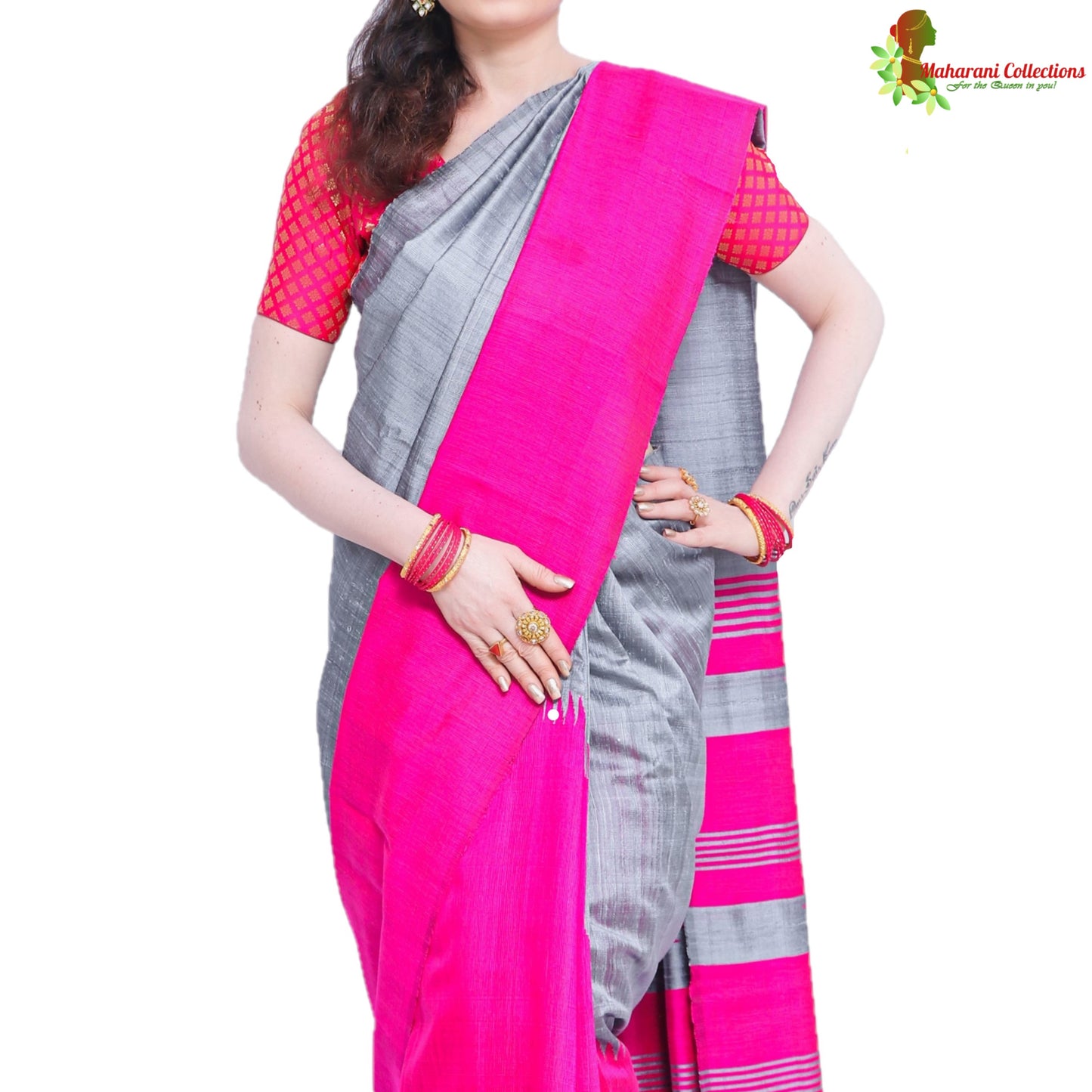 Pure Handloom Tussar Silk Saree - Silver Grey and Pink with Temple Border