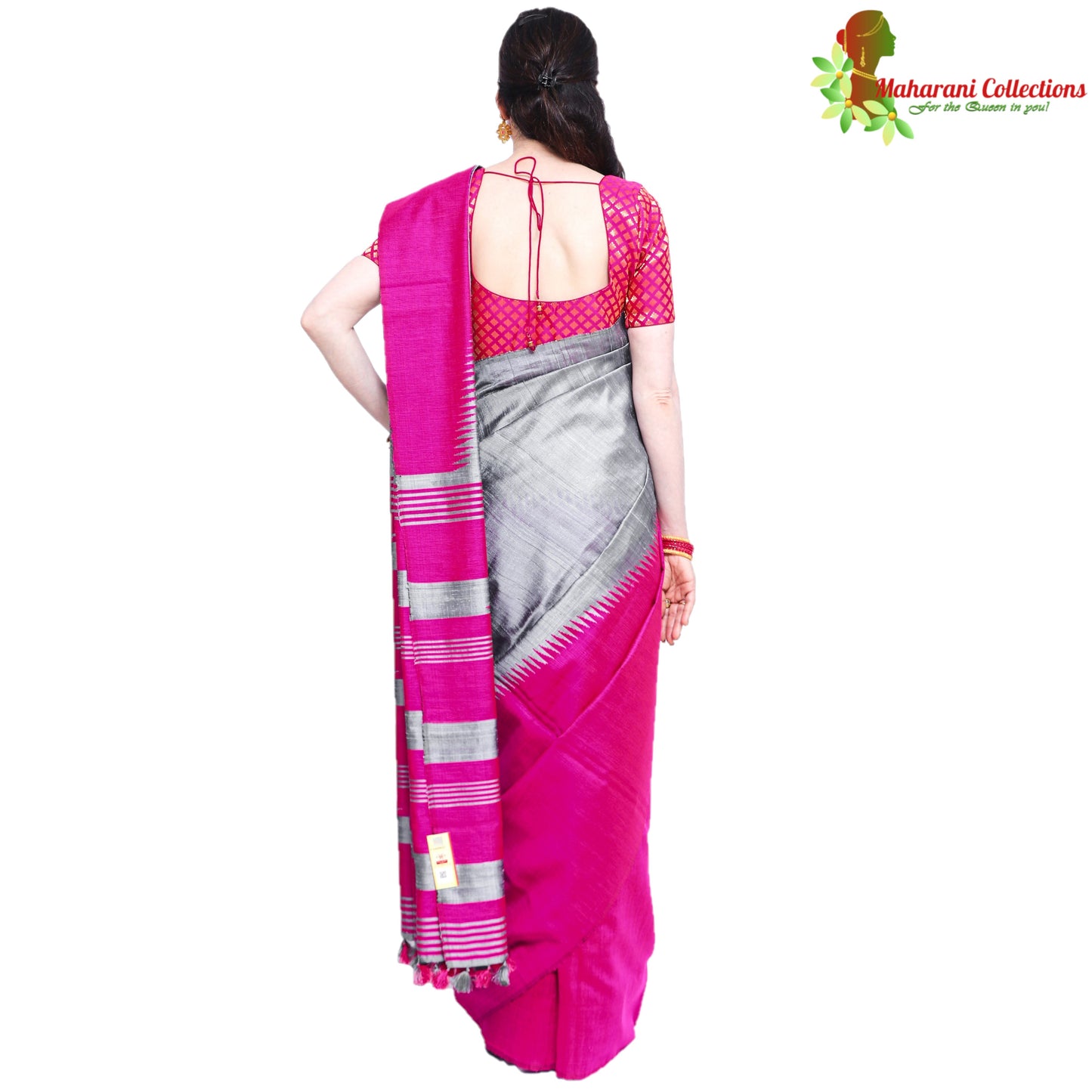 Pure Handloom Tussar Silk Saree - Silver Grey and Pink with Temple Border