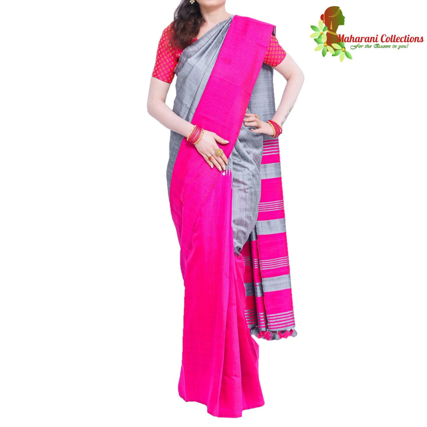 Pure Handloom Tussar Silk Saree - Silver Grey and Pink with Temple Border