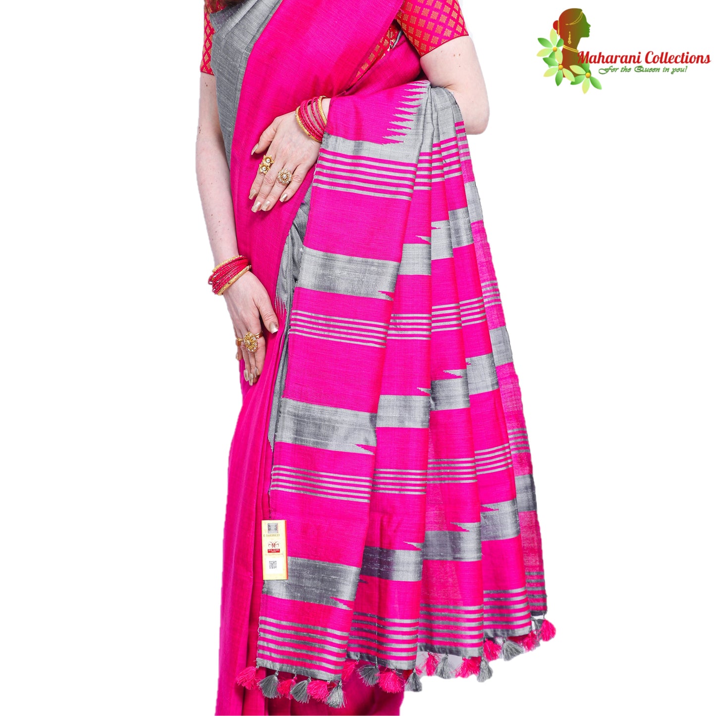 Pure Handloom Tussar Silk Saree - Silver Grey and Pink with Temple Border