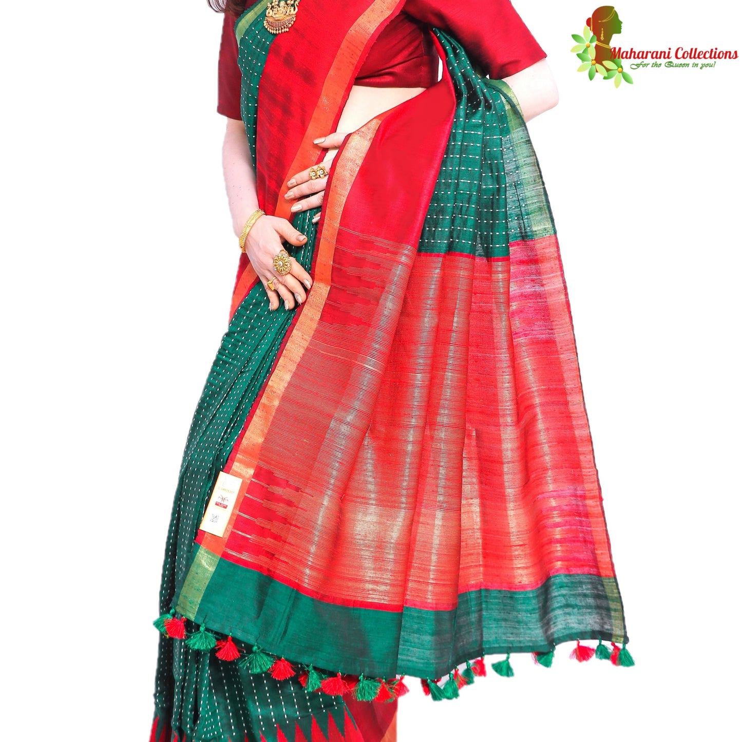Pure Handloom Tussar Silk Saree - Bottle Green and Red with Temple Border