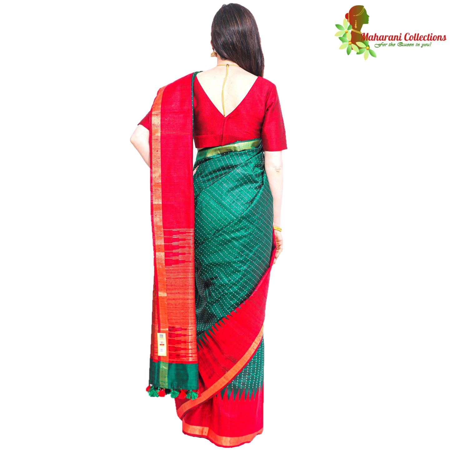 Pure Handloom Tussar Silk Saree - Bottle Green and Red with Temple Border
